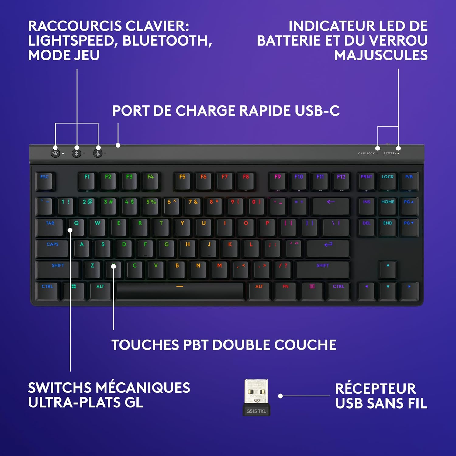 Logitech G G515 Lightspeed TKL Sans Fil Linéaires Noir - image 2